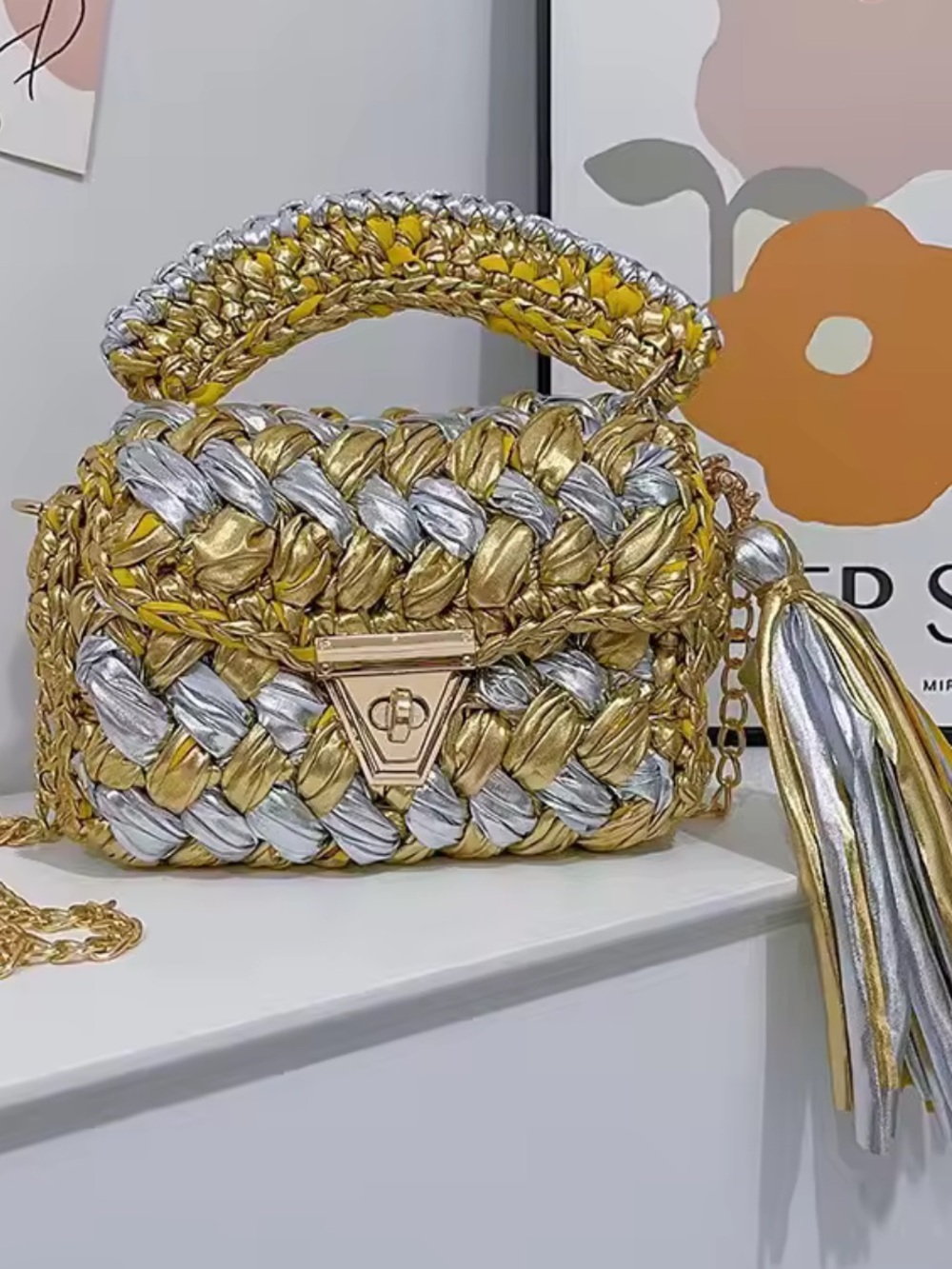 Macy's Gold & Silver Braided Crossbody Bag with Tassel